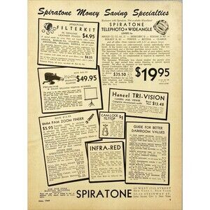 Spiratone Telephoto & Wideangle Lenses "Money Saving Specials" Vtg Print Ad 1949